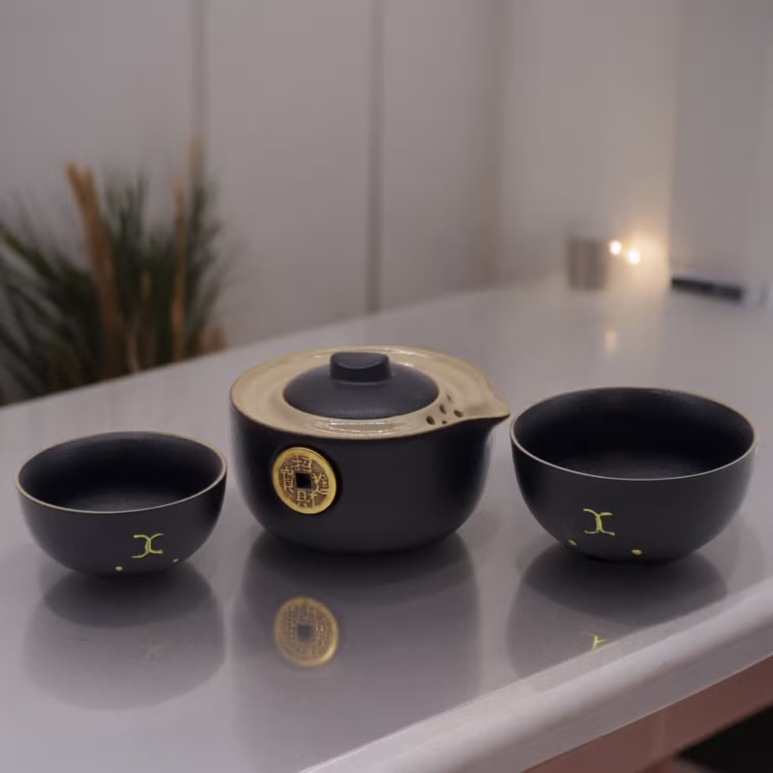 Conjunto de Chá Gato da Sorte — Preto