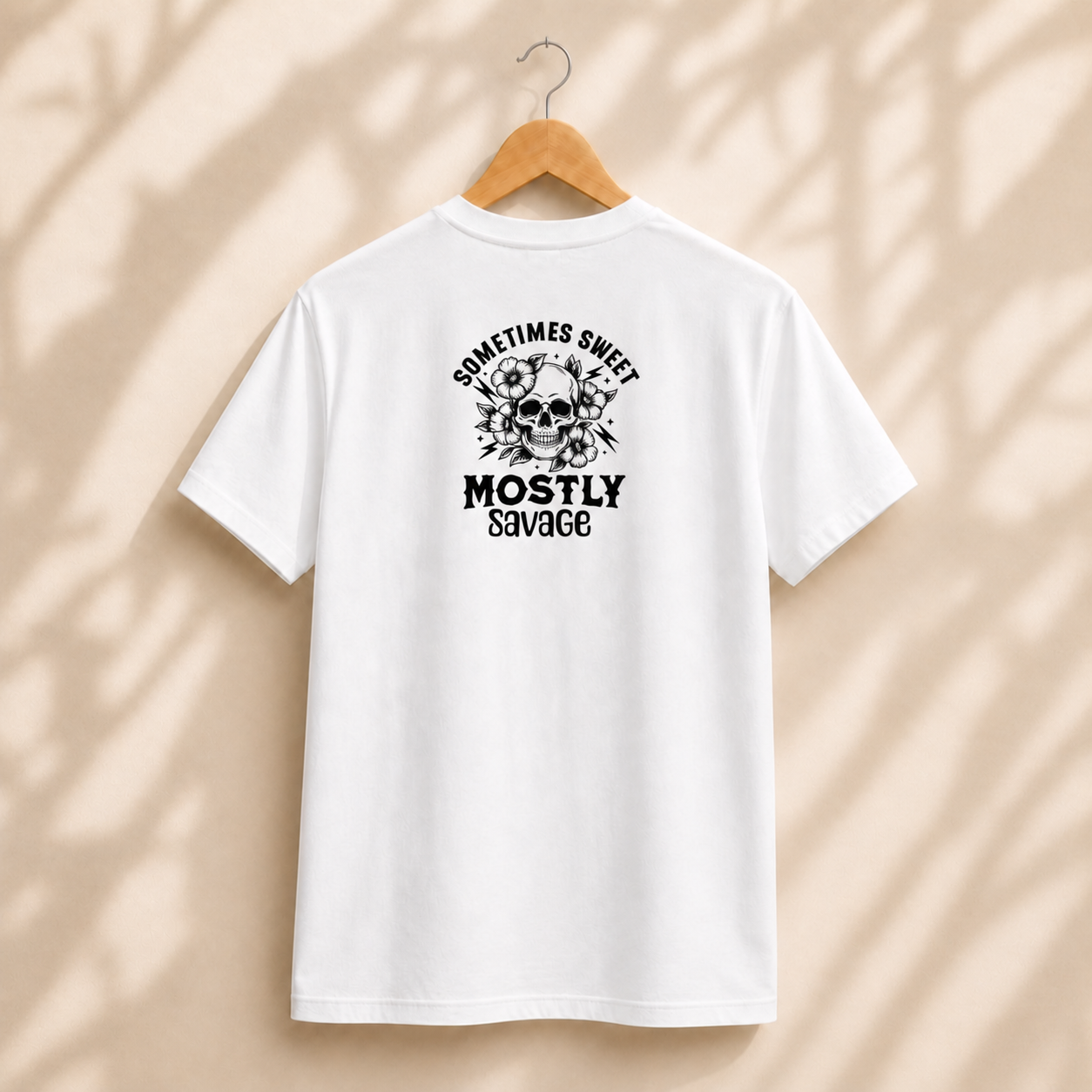 Costas da T-shirt branca Sometimes Sweet, Mostly Savage