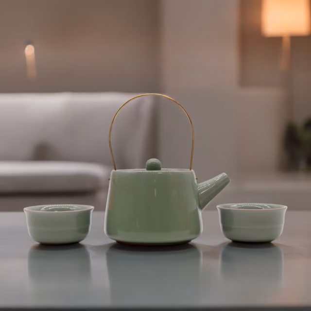 Conjunto de Chá Jade — Bule + 2 Chávenas